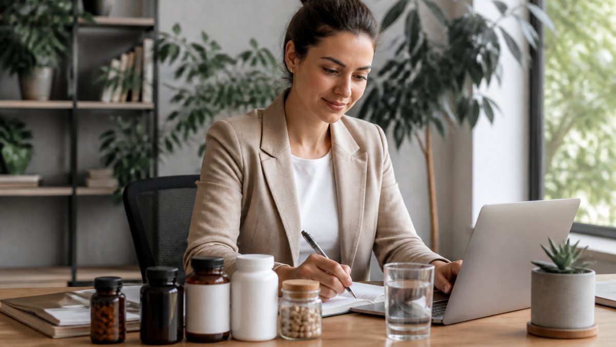 Professional demonstrating best adaptogens for busy people at modern desk with supplement bottle and water glass, looking calm and focused while working on laptop with natural lighting