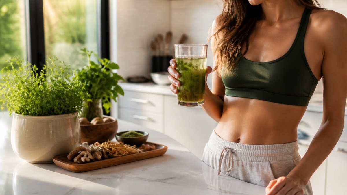 Person holding a glass of adaptogenic hydration drink with fresh herbs and wellness items on a kitchen counter in natural morning light