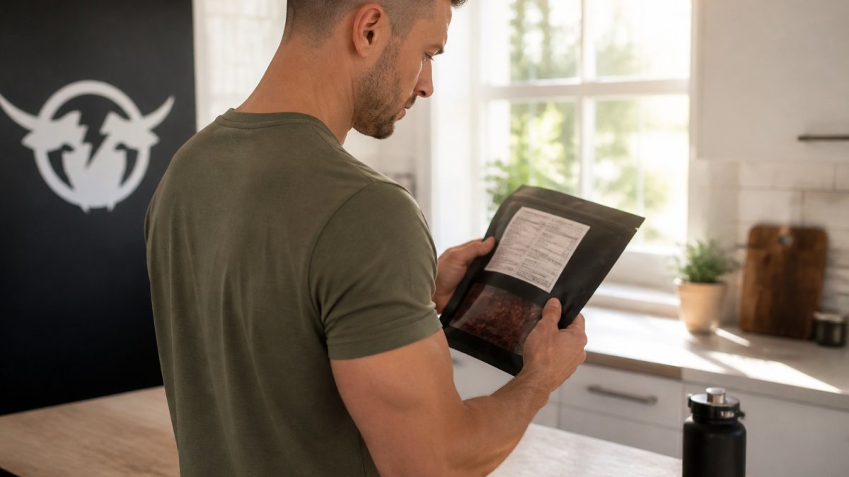 Close-up of hands holding a grass-fed beef jerky package and carefully examining the ingredient label under natural sunlight in a kitchen setting
