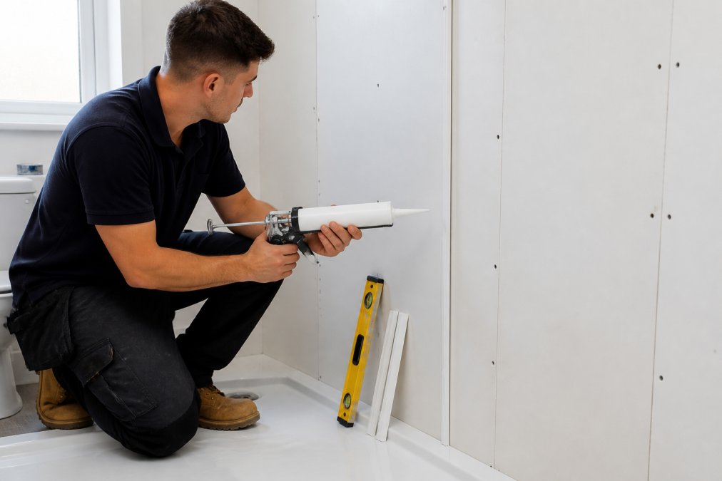 Close-up of a person in a bright white bathroom holding a solvent-free adhesive cartridge gun, positioned in front of a freshly prepared white plasterboard wall, with a spirit level and panel trim visible on the floor beside them