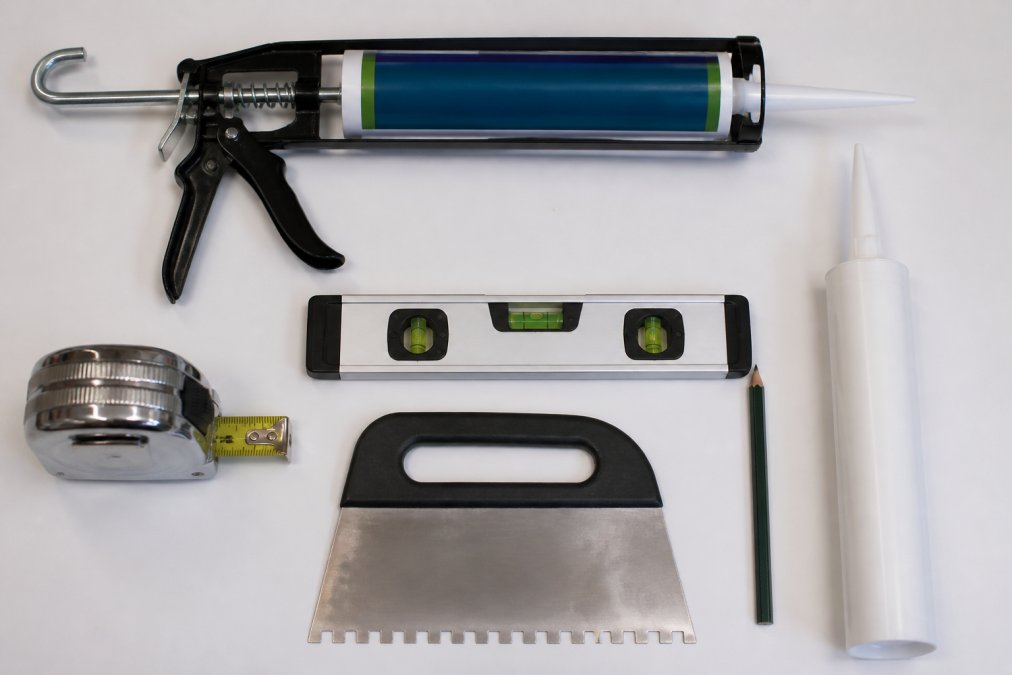 Flat lay of bathroom installation tools arranged neatly on a clean white surface: a cartridge gun loaded with an adhesive tube, a steel tape measure, a spirit level, a silicone sealant tube, a notched spreader, and a pencil, photographed under bright, even studio lighting