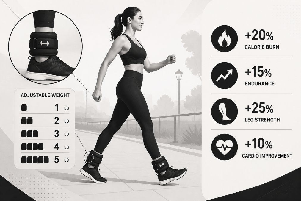 Active person wearing adjustable ankle weights during an outdoor walk, showing secure fit and comfortable positioning on the legs with natural outdoor lighting