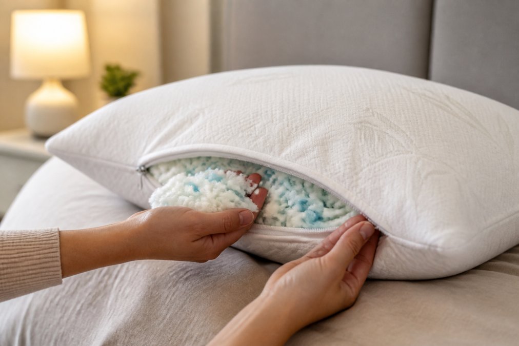 A person's hand unzipping a white pillow with a bamboo-textured cover, pulling out a handful of shredded gel-infused memory foam to adjust the loft, soft bedroom lighting in the background