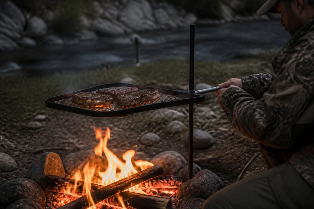 Hunter adjusting grill height over a crackling campfire at dusk, flames visible beneath the carbon steel grate with elk steaks cooking, hands gripping the adjustment mechanism