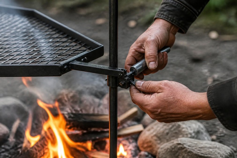 Close-up of weathered hands adjusting the carbon steel stake mechanism on an adjustable campfire grill, fire glowing beneath, showing the locking mechanism in detail with flames visible