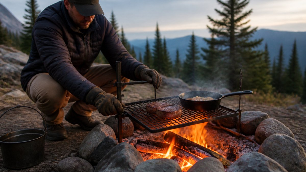A carbon steel grill grate staked over a crackling campfire at dusk, with a camper adjusting the grate height and a cast iron skillet warming nearby