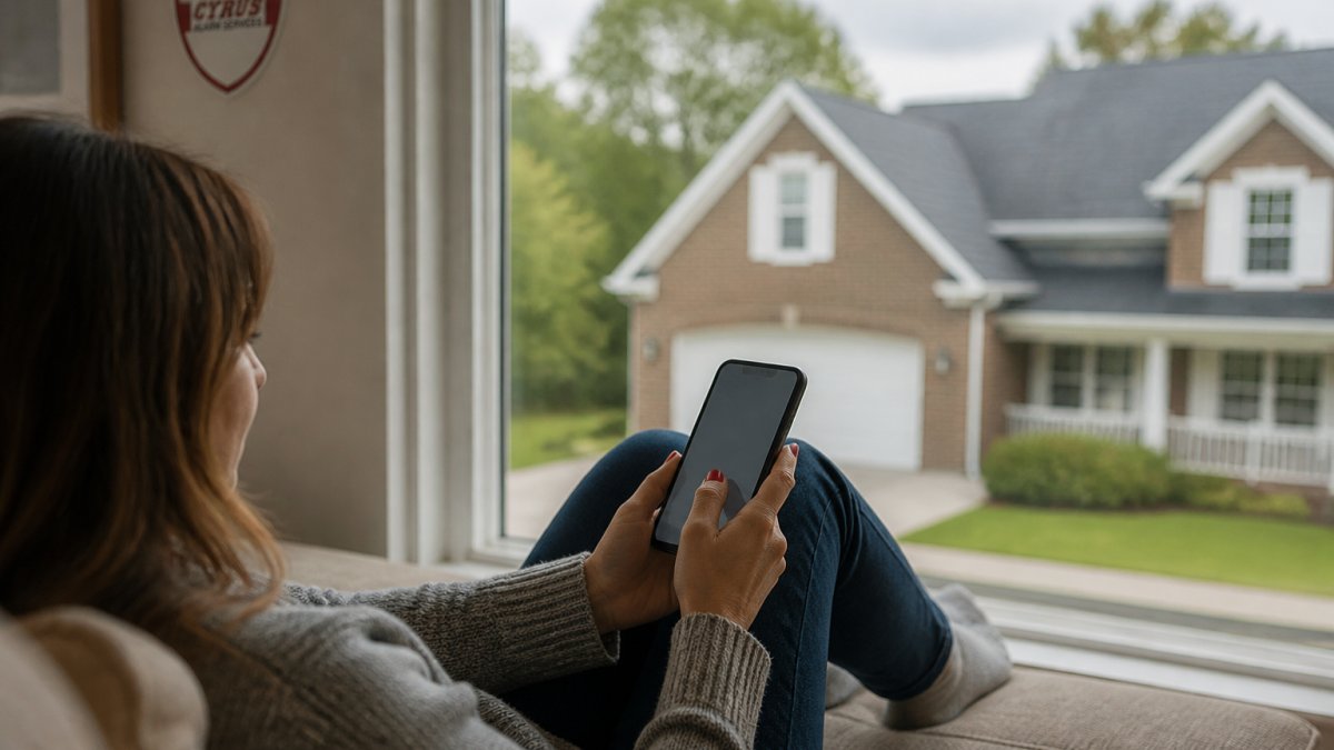 Homeowner checking security system on smartphone while away from home, with house visible in background through window