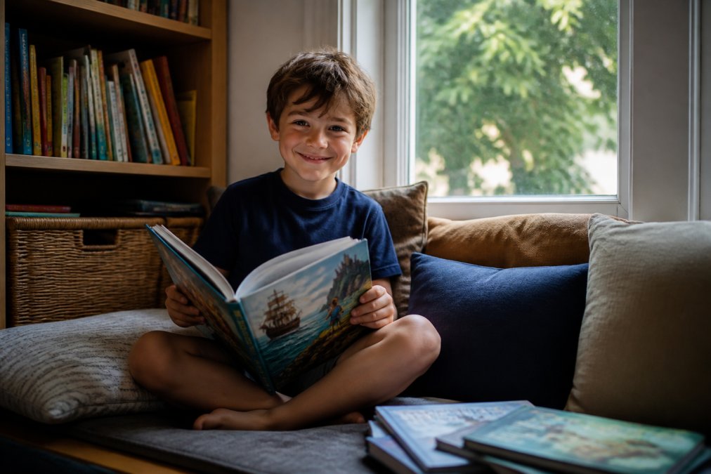 A 7-year-old child sitting in a cozy reading nook surrounded by colorful adventure books, smiling while holding an open storybook with vibrant illustrations visible, natural window lighting