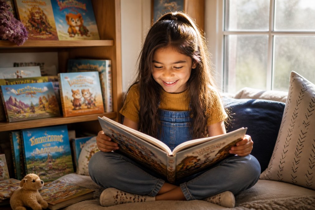 A child sitting cross-legged in a cozy reading nook surrounded by colorful adventure books, smiling with genuine excitement while turning the pages of a story, natural afternoon sunlight streaming through a nearby window