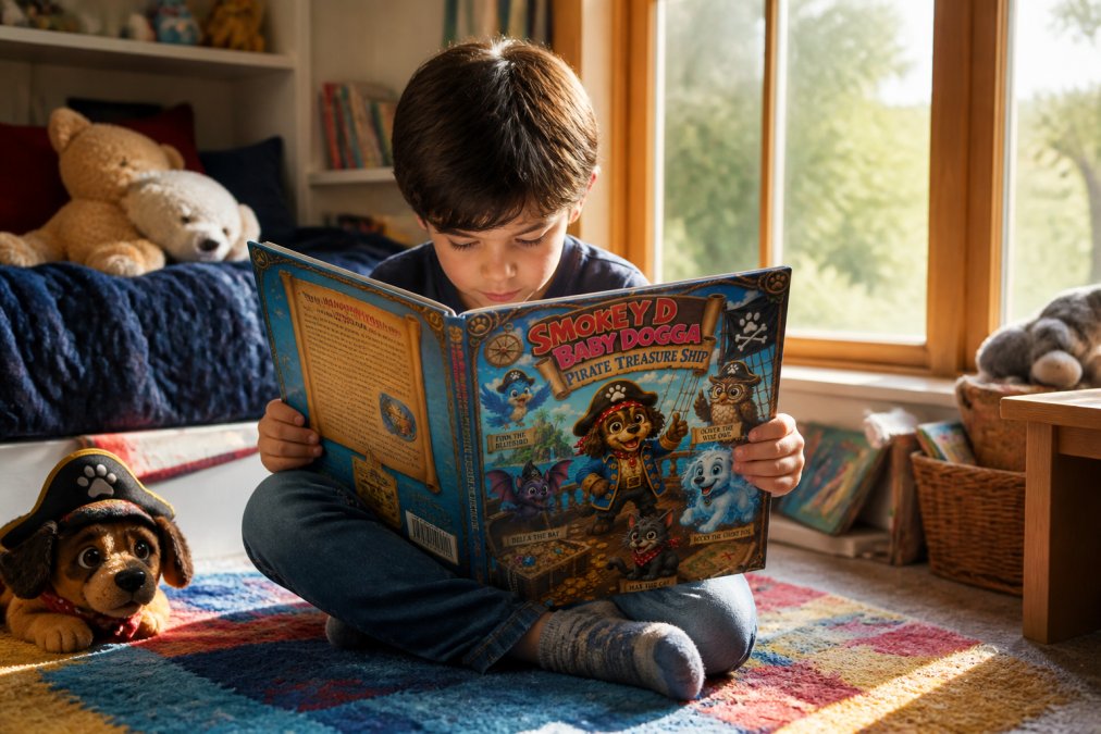 Young child sitting cross-legged on a colorful rug, completely absorbed in reading a picture book with vibrant adventure illustrations, natural sunlight streaming through a window illuminating the pages