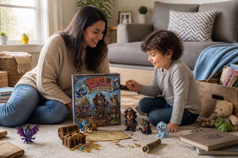 Parent and child playing together on a living room floor, surrounded by adventure-themed toys and books, both smiling and fully engaged in imaginative play with natural afternoon light