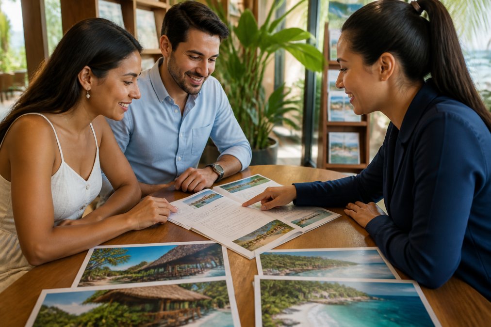 A couple reviewing a printed custom itinerary with a travel advisor at a sunlit desk, laptop open to a map and resort photos nearby