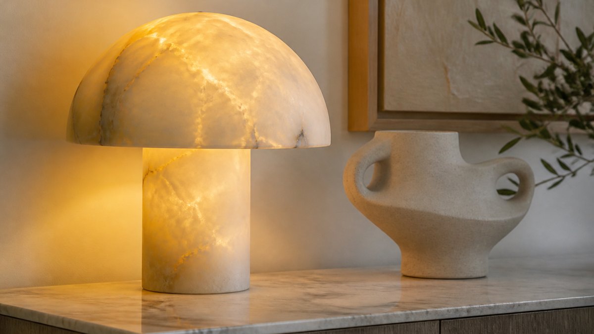 Gros plan d'une lampe en albâtre naturel sculpté à la main avec une lumière dorée chaude brillant à travers les veines translucides, posée sur une console en marbre à côté d'un petit récipient en céramique sculpturale, éclairage d'ambiance doux