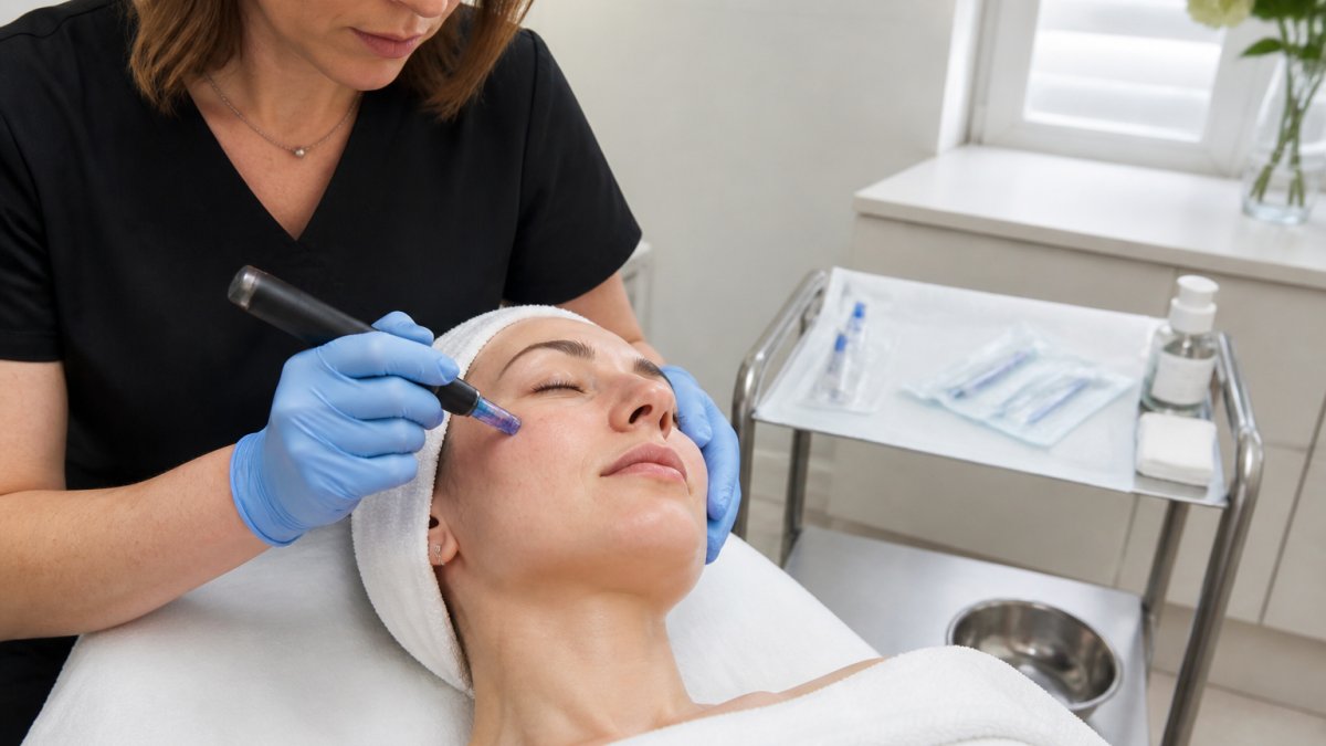 A practitioner in nitrile gloves holding a microneedling pen above a reclining patient's cheek in a bright, calm treatment room, with sterile packaging on a side trolley