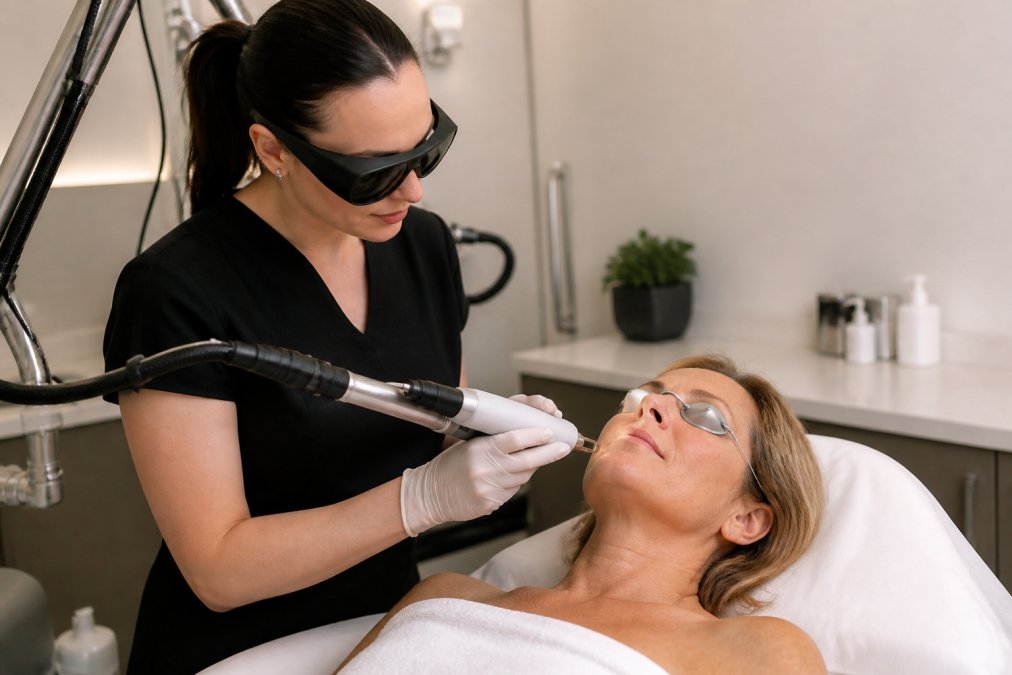 A licensed aesthetician performing a laser skin treatment on a woman in her 40s lying on a treatment bed in a clean, modern medspa room with soft clinical lighting