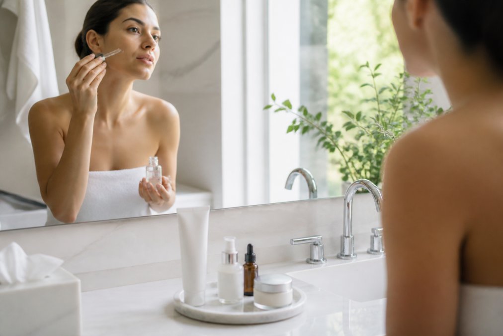 Close-up of a woman's hands applying a gentle serum to her face in front of a bathroom mirror, with neatly arranged skincare products including SPF and a moisturizer on a white marble counter, soft natural light from a window