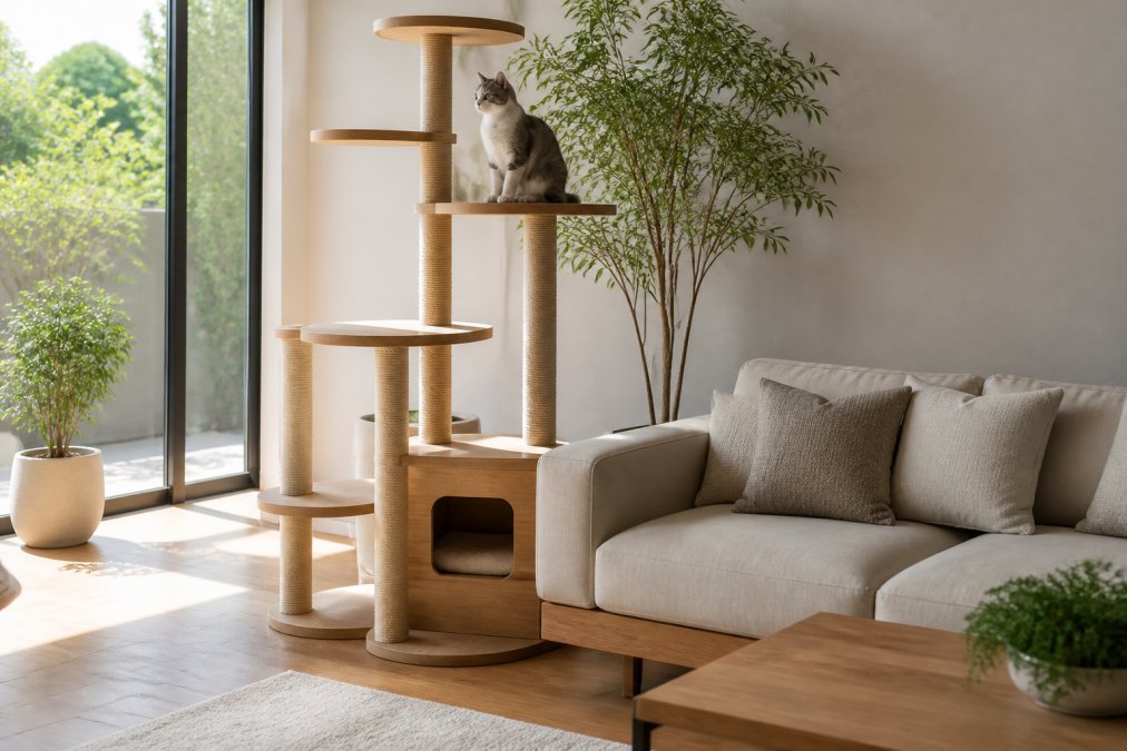 Modern living room with a sleek wooden cat tree integrated seamlessly beside contemporary furniture, a cat perched on a platform with natural light streaming through large windows