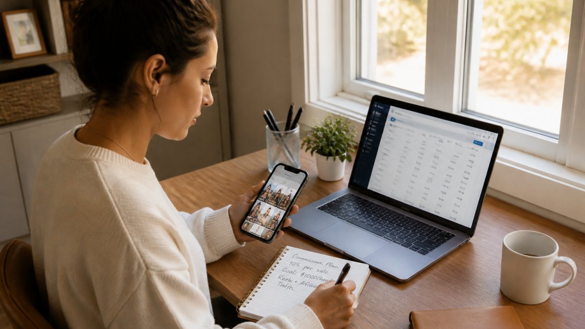 A young woman sitting at a desk with a smartphone showing Instagram Reels, a laptop open beside her displaying affiliate dashboard screens, and a notebook with handwritten commission notes, warm afternoon light through a window