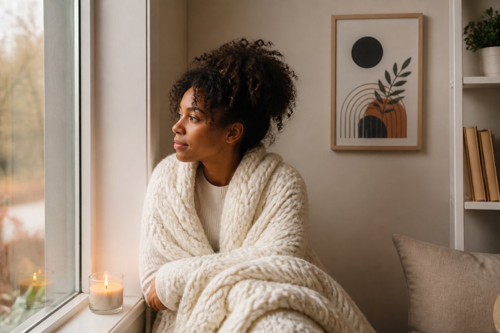 Person sitting by a window in soft natural light, wrapped in a cozy blanket, with a framed affirmation poster visible on the wall and a lit candle on the windowsill