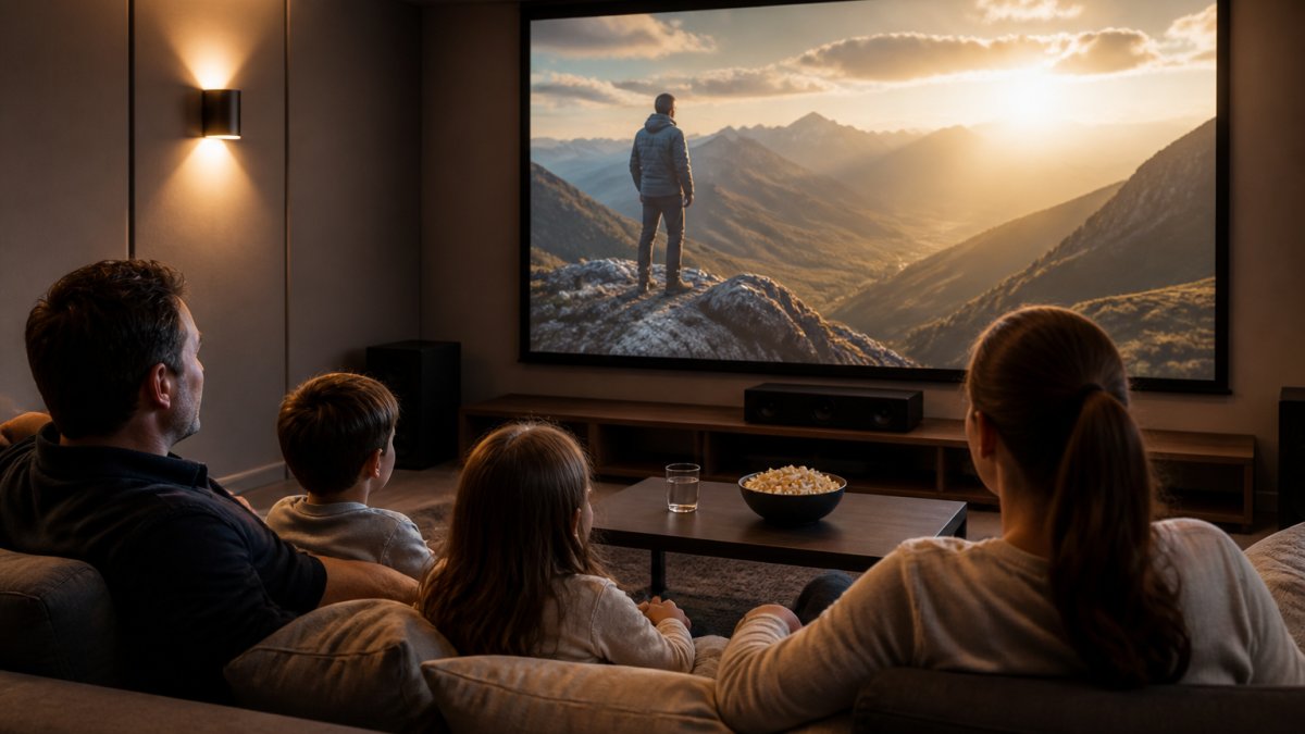 Family gathered on comfortable seating watching a large projected movie on wall in home theater setup with warm ambient lighting and cinema-style atmosphere