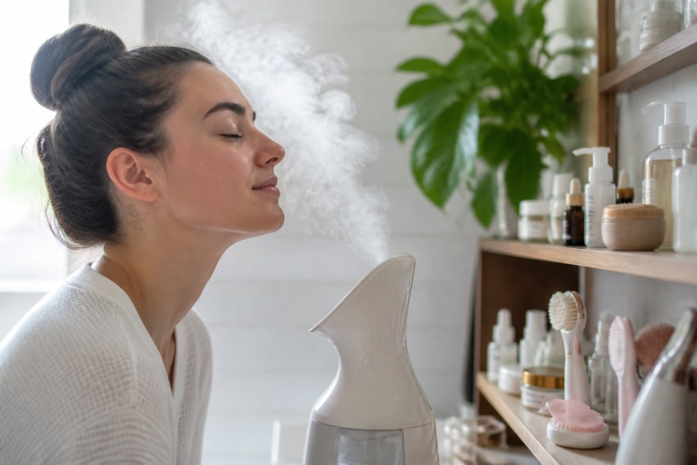 Young adult using a facial steamer at home with visible steam around their face, skincare products arranged on a nearby bathroom shelf with natural window lighting
