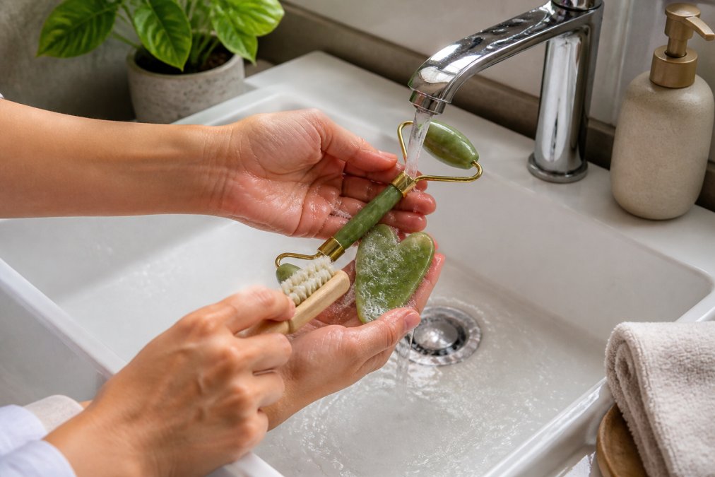 Hands washing a gua sha tool and facial roller under running water with a soft brush nearby, soap suds visible, bathroom sink in background with natural lighting