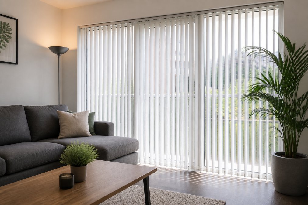Bright rental living room featuring affordable blinds on large windows with a grey sofa and a potted plant.