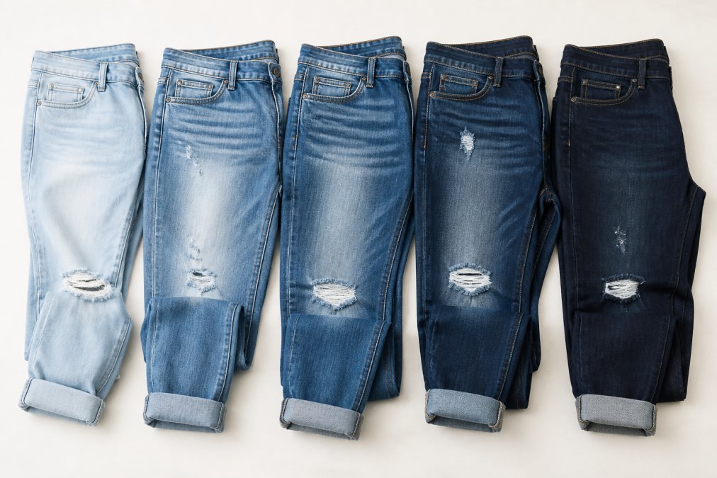 A flat lay of five different pairs of denim jeans arranged side by side on a clean white background, showing various washes from light to dark, with subtle distressed details visible