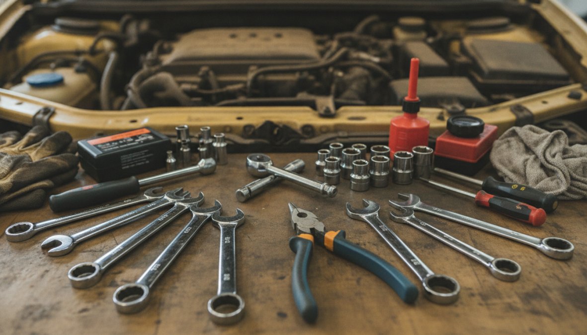 Close-up of chrome vanadium socket set with ratchets and wrenches organized on a workbench, engine bay visible in soft focus background