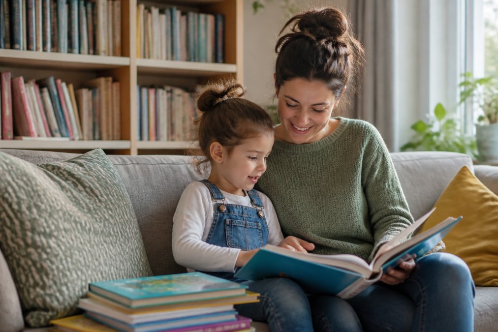 Parent and child sitting together on a comfortable sofa, browsing through a stack of colourful pre-loved children's books, with bookshelves visible in the background and natural daylight from a nearby window
