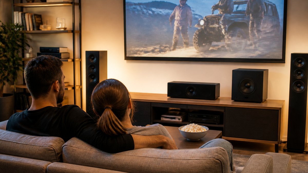 Modern living room with a home theater system displaying a movie on the wall, showing the Rockville HTS56 subwoofer on a media console with ambient LED lighting, and comfortable seating facing the screen