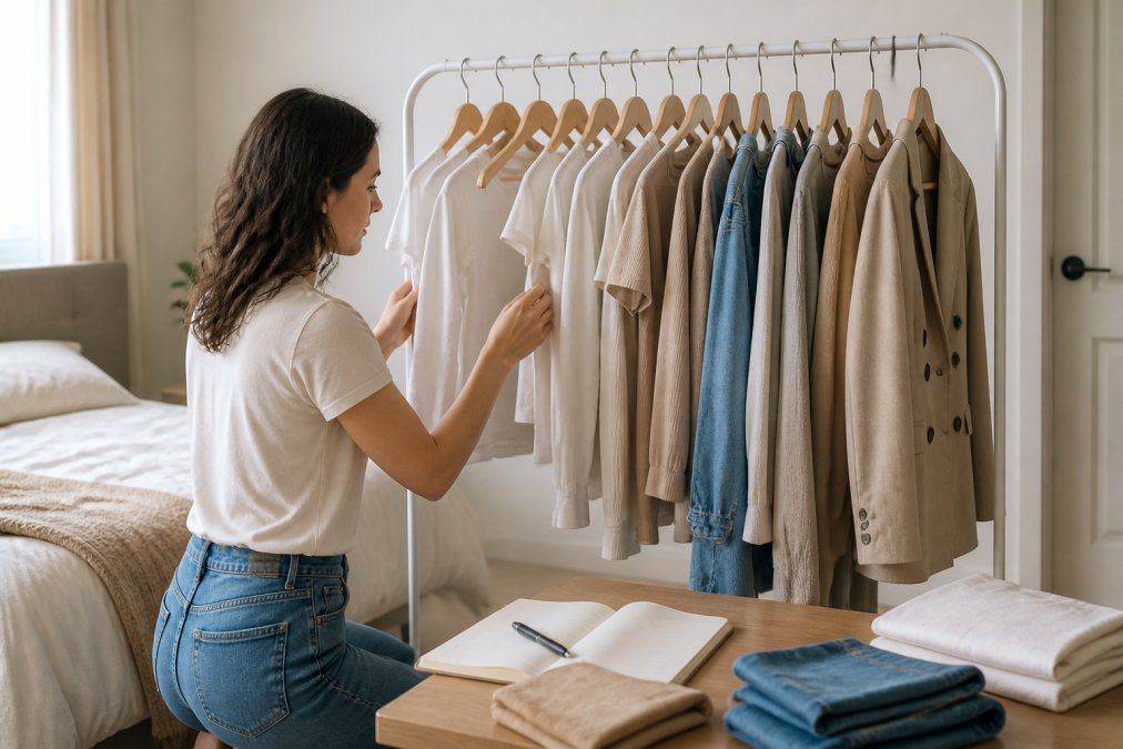 A woman planning an affordable fashion capsule wardrobe with neutral clothing on a rack in a bright bedroom.
