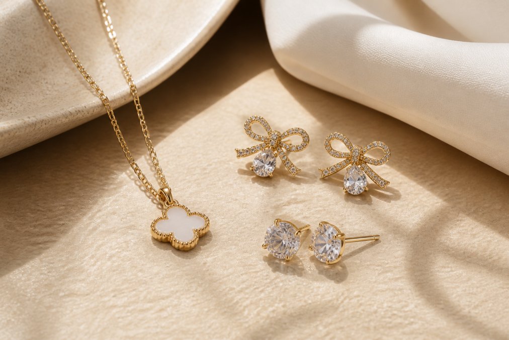 A flat-lay photograph of several elegant jewelry sets on a soft beige background, showing a bow zircon set, a clover chain necklace, and a pair of stud earrings arranged neatly with natural light casting soft shadows