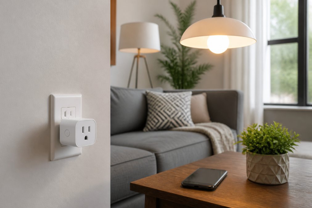 A well-lit modern living room with a white smart plug inserted into a wall outlet, a warm glowing smart bulb overhead, and a smartphone on a wooden coffee table showing a home automation app interface