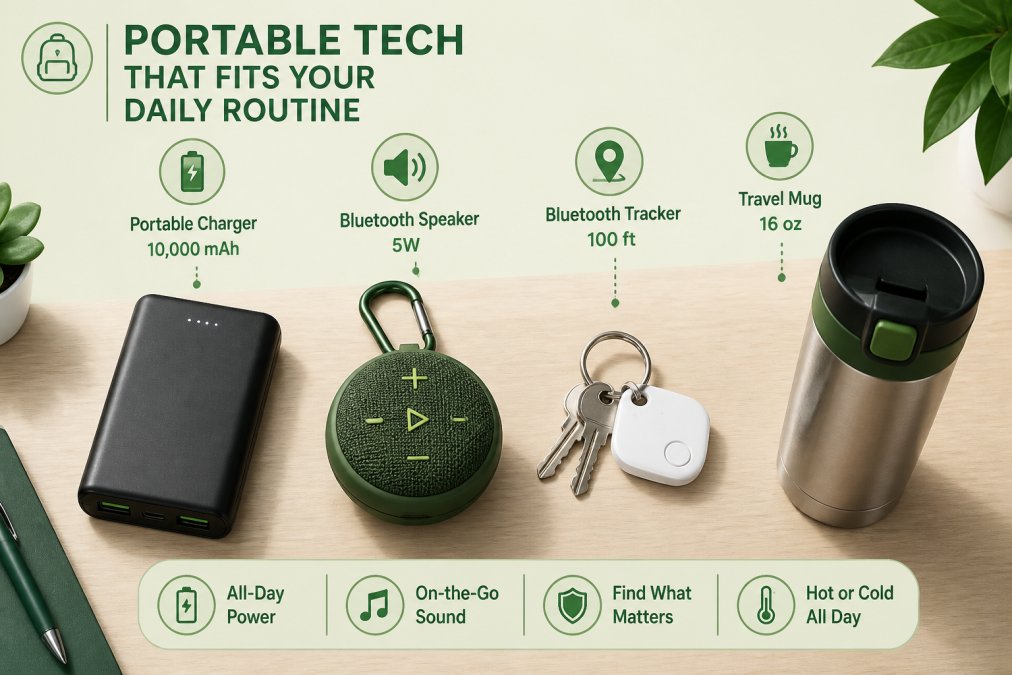 Flat-lay on a light wooden desk showing a slim black portable charger, a small colorful Bluetooth speaker with a carabiner clip, a white Bluetooth tracker attached to a keychain, and a stainless steel travel mug with a push-button lid, all arranged neatly under warm natural light