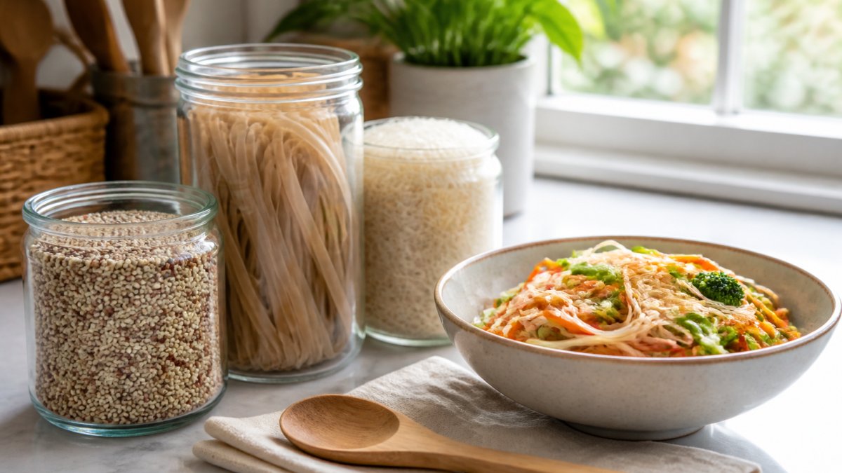 A bright kitchen counter with glass jars of red and white quinoa, brown rice noodles, and vermicelli, a wooden spoon resting beside a bowl of cooked noodles with fresh vegetables and natural window light