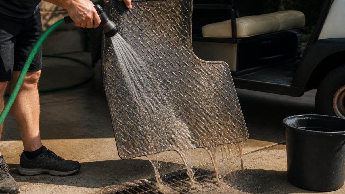 Person rinsing muddy golf cart floor mat with garden hose, water cascading off the diamond-pattern surface into a drain area, bright outdoor lighting