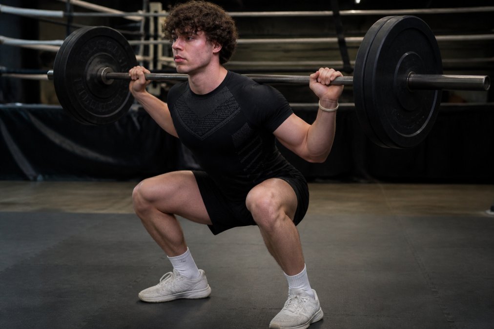Athlete performing a squat in a modern gym wearing fitted athletic bottoms, demonstrating squat-proof fit and unrestricted movement during the lift