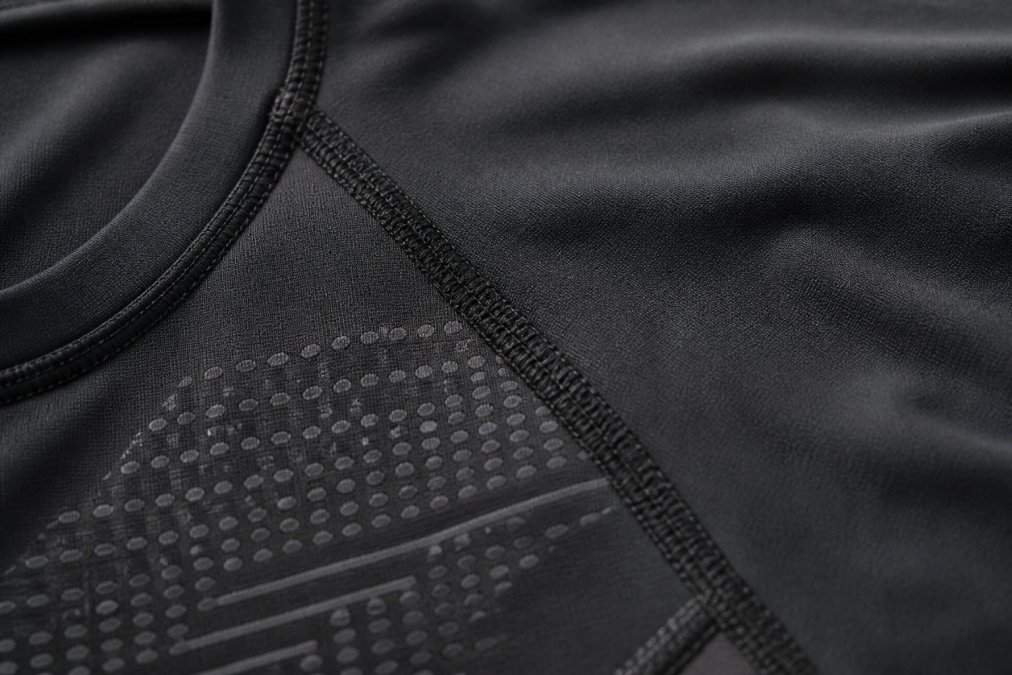 Close-up of high-quality flatlock seams and stitching detail on athletic wear, showing reinforced construction and durability features in natural lighting