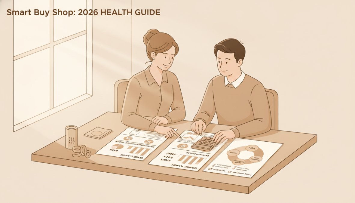 Professional healthcare advisor reviewing insurance plan options with client at desk, showing comparison documents and calculator with natural office lighting
