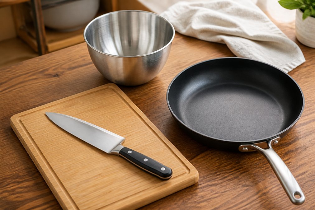 Flat lay on a wooden kitchen counter showing a chef's knife, bamboo cutting board, stainless steel mixing bowl, and nonstick skillet arranged neatly in warm natural light