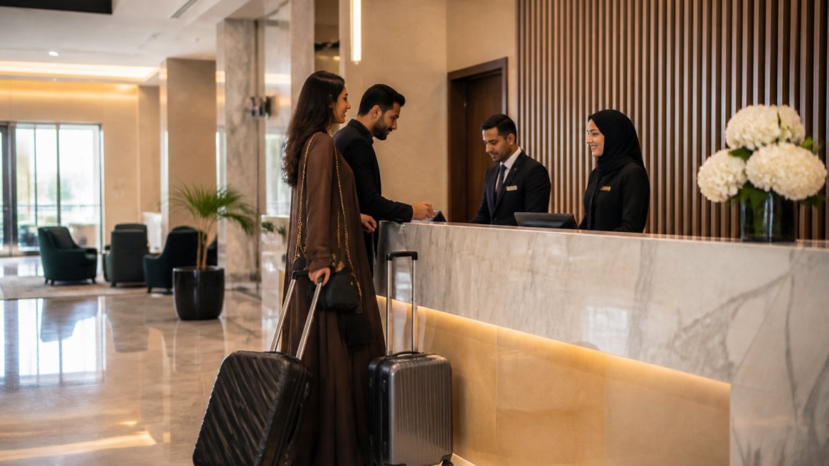 Modern hotel lobby with welcoming reception desk, guests checking in, clean bright lighting and professional staff assisting visitors