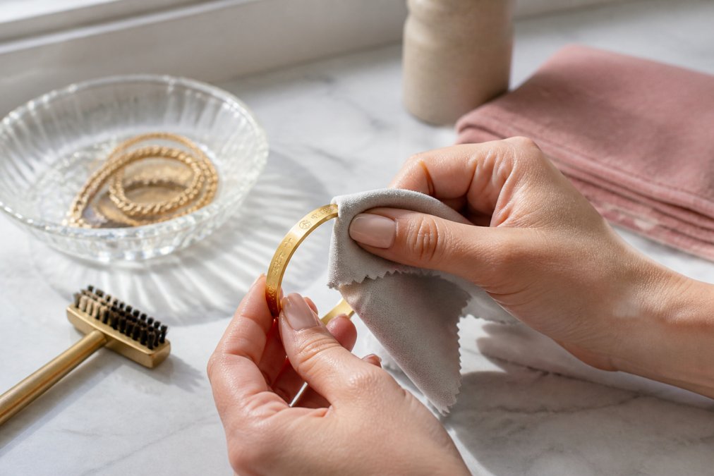 Close-up of hands gently polishing a copper bracelet with a soft microfiber cloth, with jewelry care supplies including a small brass brush and polishing cloth arranged on a marble surface in natural window lighting