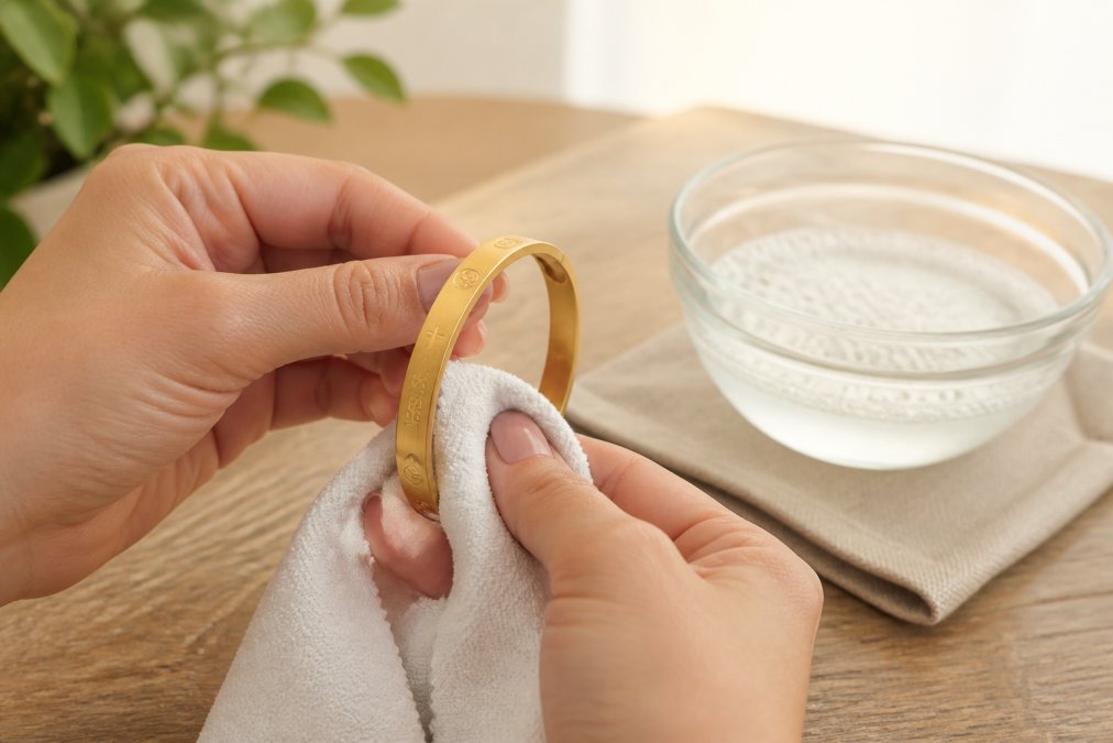 Hands demonstrating proper jewelry cleaning technique with a soft microfiber cloth on a gold-tone bracelet, with a small bowl of lukewarm water and mild soap visible nearby on a wooden surface in soft natural lighting