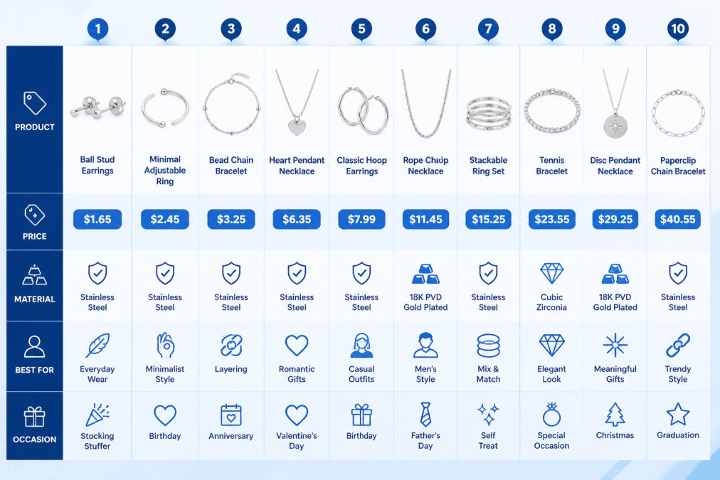 Comparison matrix of Omnia X gift picks showing product name, price, material, best-for use case, and gift occasion across ten items from $1.65 to $40.55