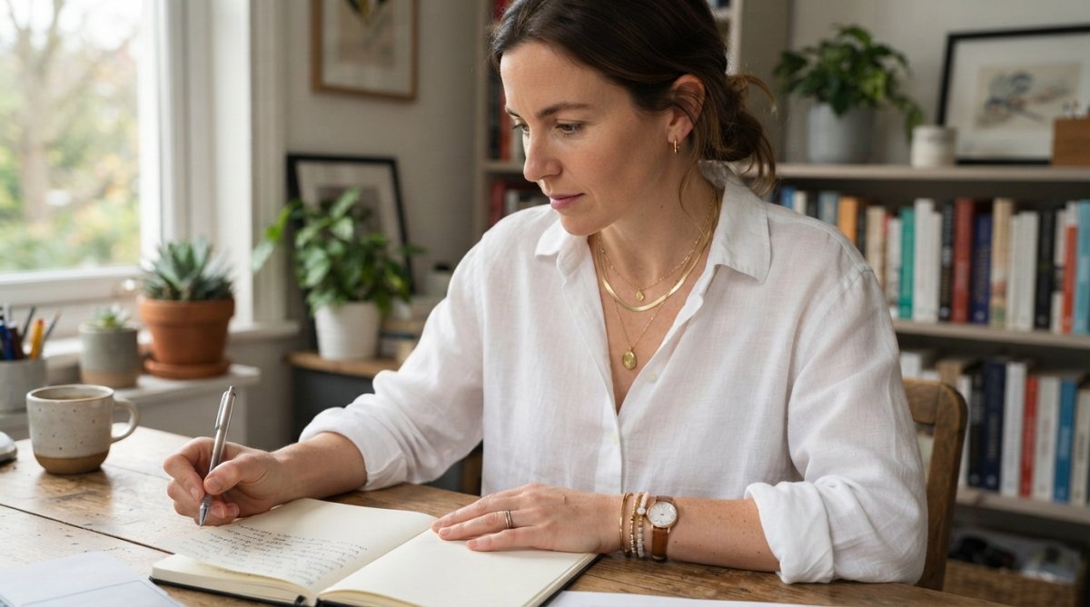 Close-up of a woman's neck and chest wearing multiple layered gold and silver necklaces of varying lengths, styled casually with a white linen shirt