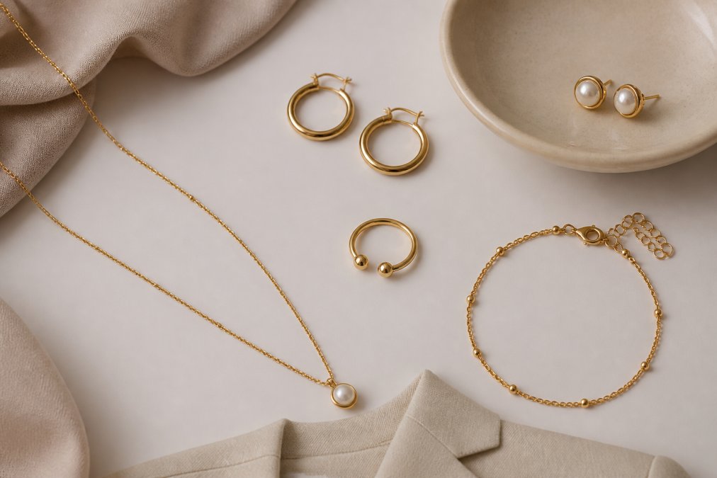 Flat lay of minimalist jewelry pieces on a light background: pearl earrings, gold hoops, delicate chain necklace, adjustable ring, and bracelet arranged neatly