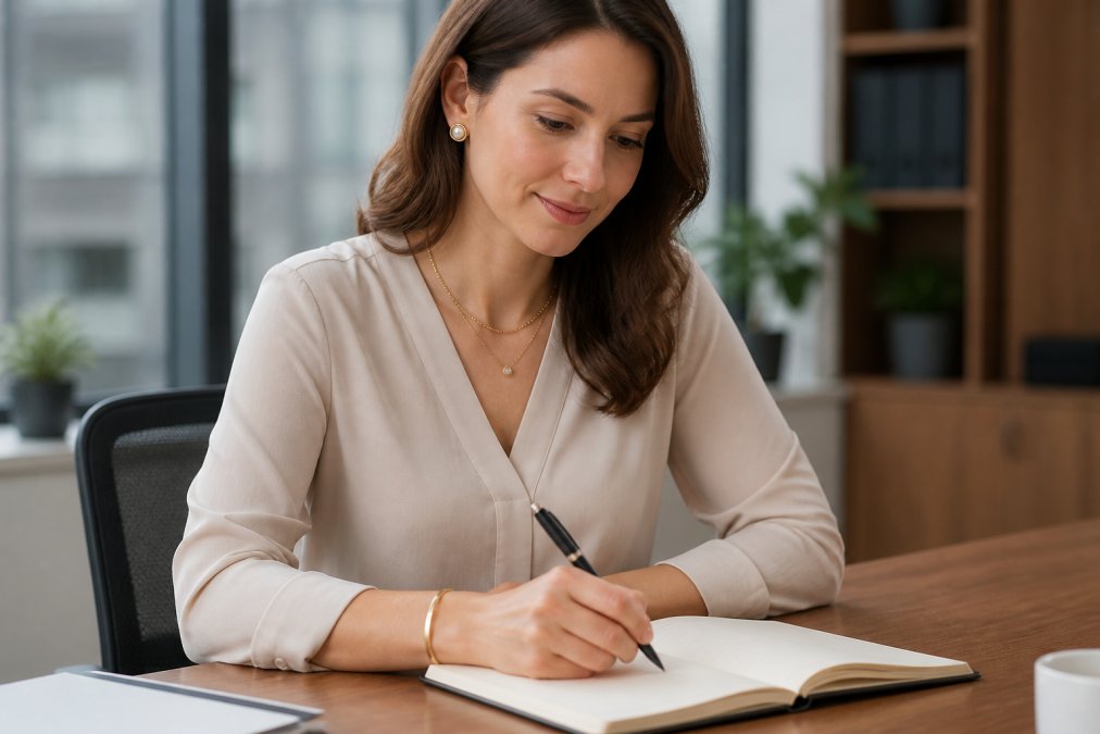 Professional woman at her desk wearing layered gold necklaces, pearl stud earrings, and a gold bangle bracelet with a neutral blouse, natural office lighting