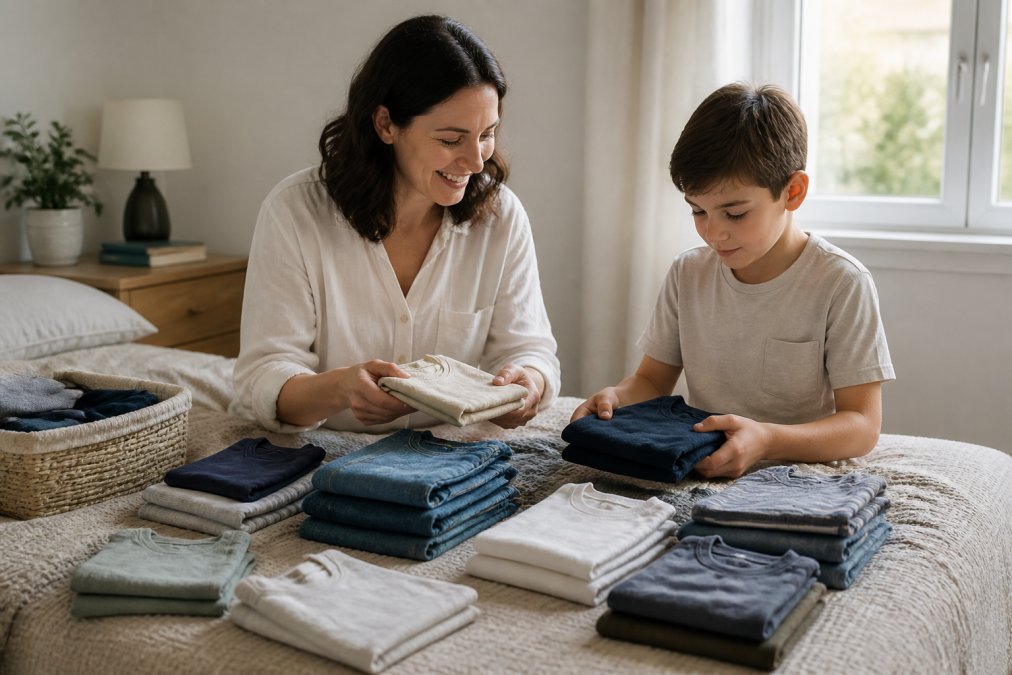 Parent and child organizing folded clothing items on a bed, selecting mix-and-match pieces like neutral t-shirts, jeans, and simple layering items in natural daylight from a bedroom window
