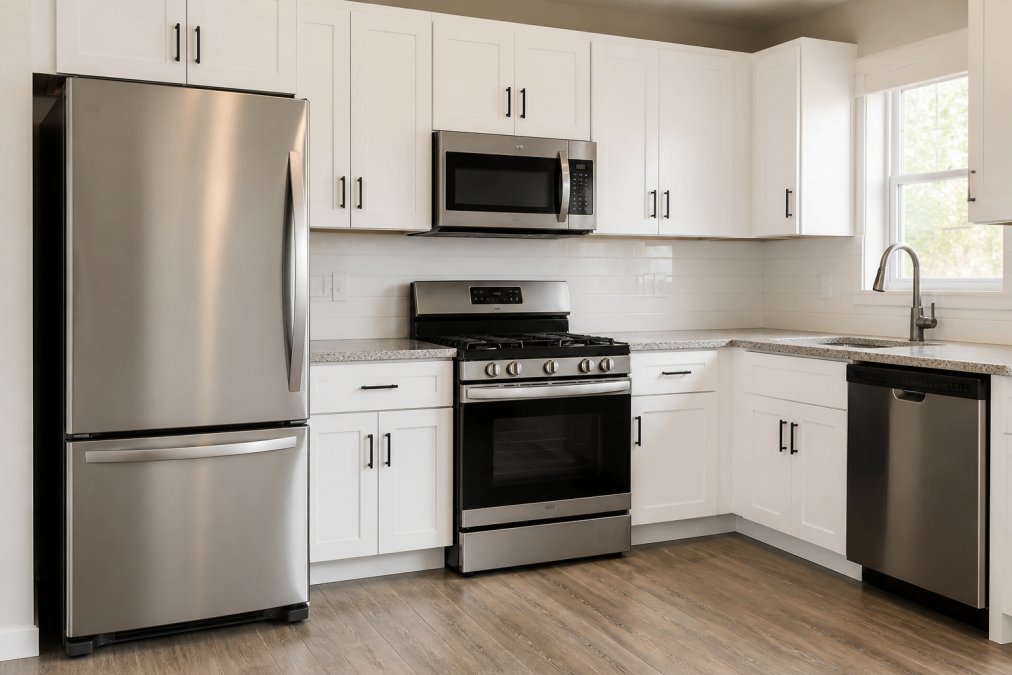 Modern kitchen with stainless steel appliances including refrigerator, range, dishwasher, and microwave installed together in a bright, contemporary home setting